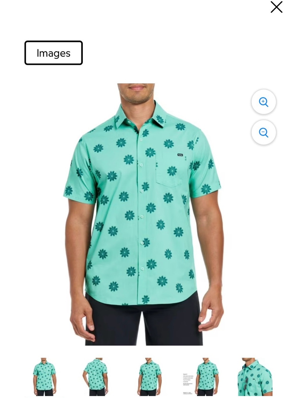 Hurley Mint Green Short-Sleeve Button-Down Shirt with Dark Floral Print